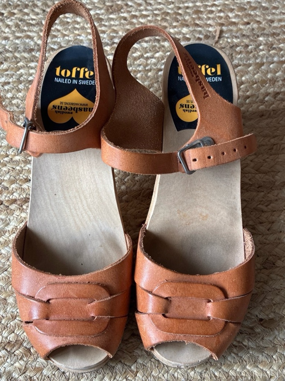 Swedish Hasbeens Cognac Leather Open-Toe Slingback Sandals